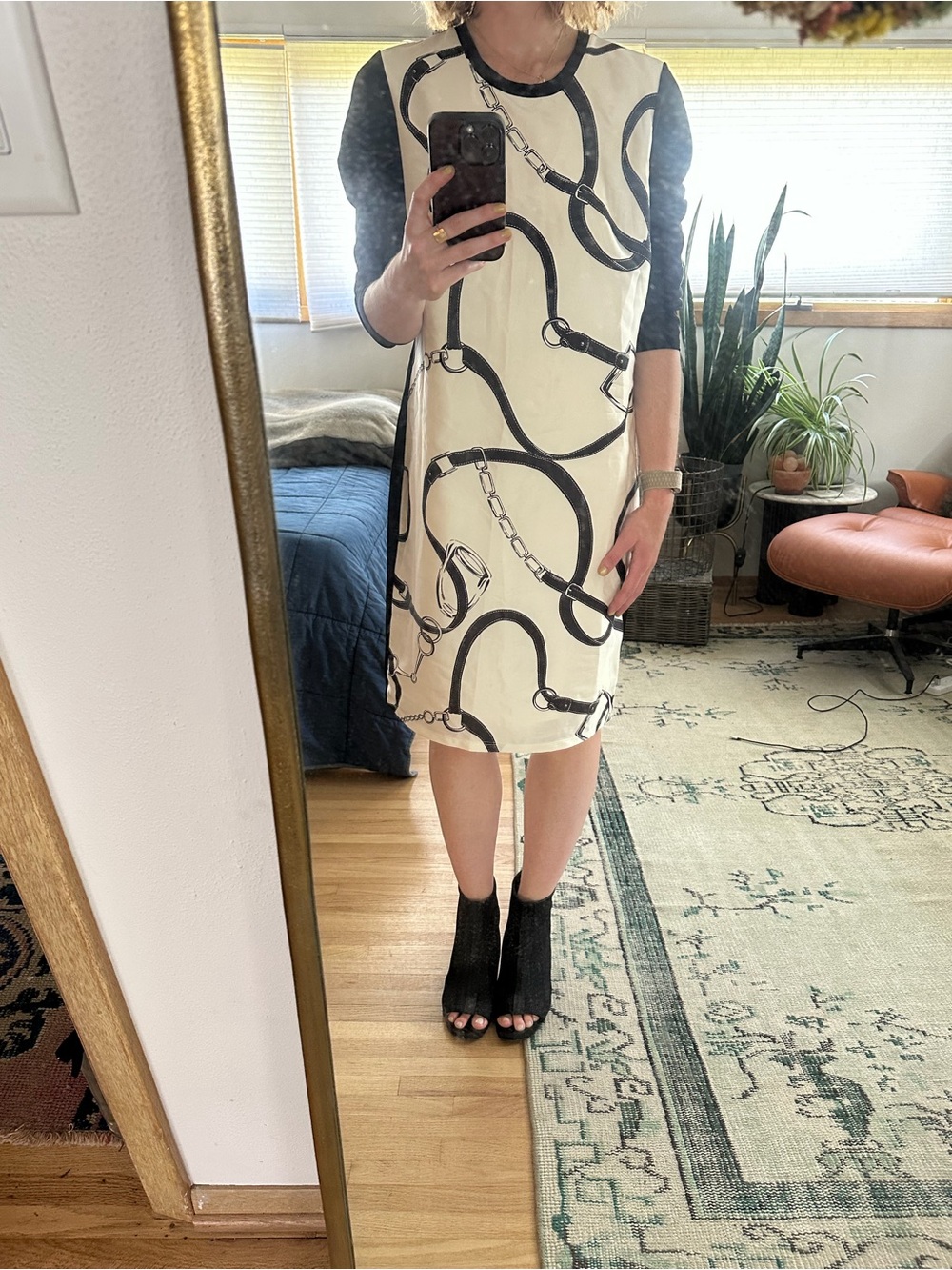 Lauren Ralph Lauren Cream and Black Chain-Print Shift Dress